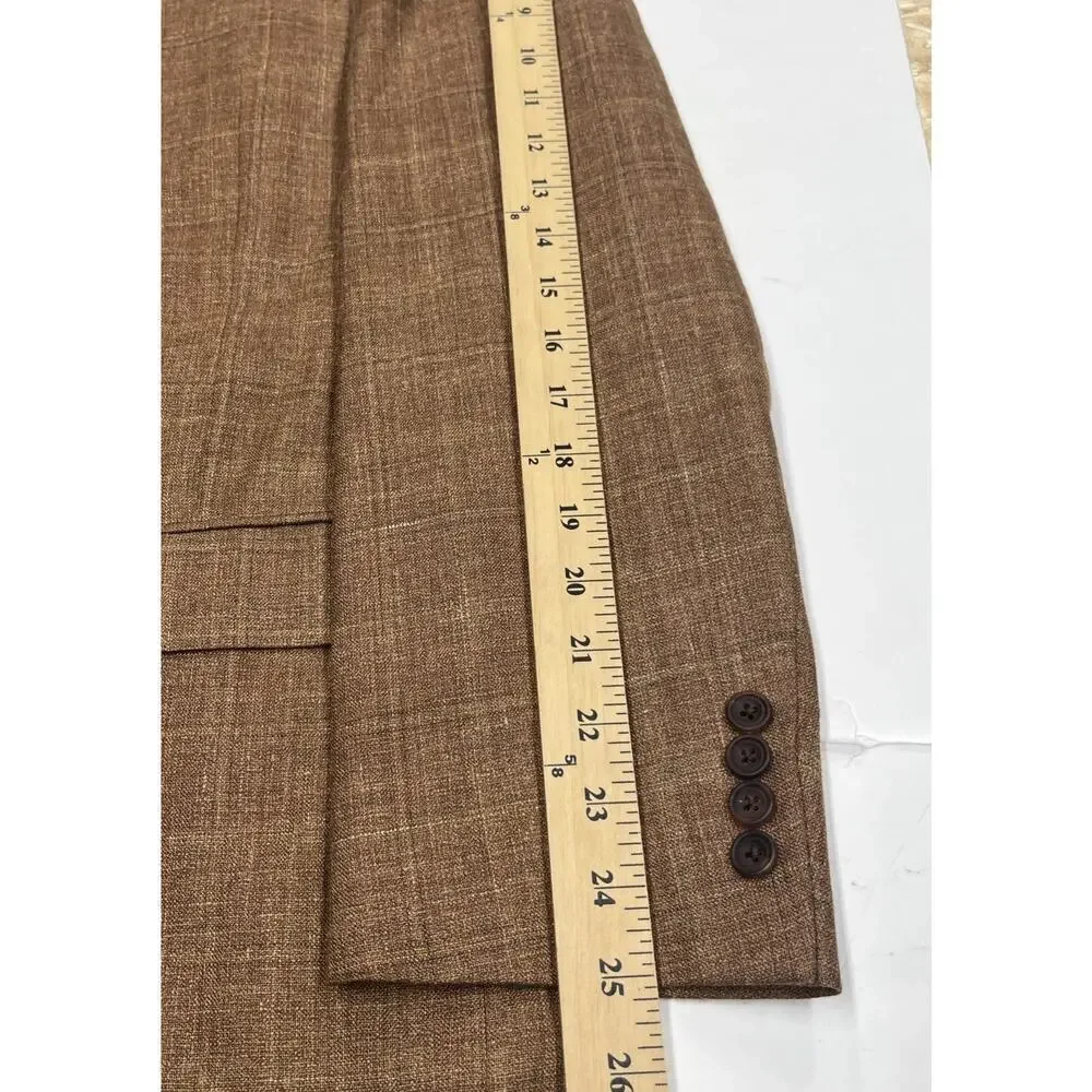 Hickey Freeman Mens Silk Linen Wool Plaid Blazer 44L Brown Sport Coat Jacket